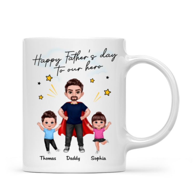 Happy Father‘s Day To Our Hero Super Dad & Happy Doll Kid Gift For Dad Personalized Mug