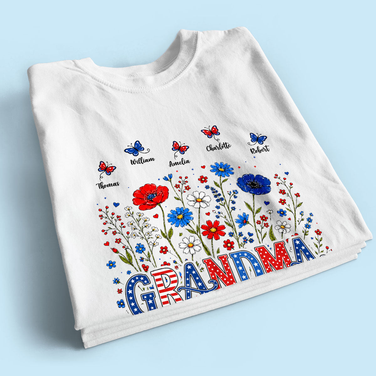 Proud Mom Grandma Nation Flag Flowers American 250th Anniversary - Personalized Shirt - Gift For Mom, Grandma