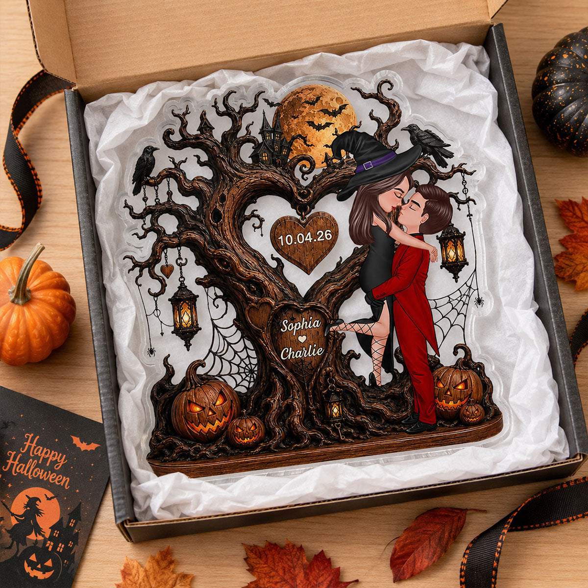 Heart Tree Couple Kissing - Personalized Acrylic Plaque - Halloween Gift For Couple, Him, Her