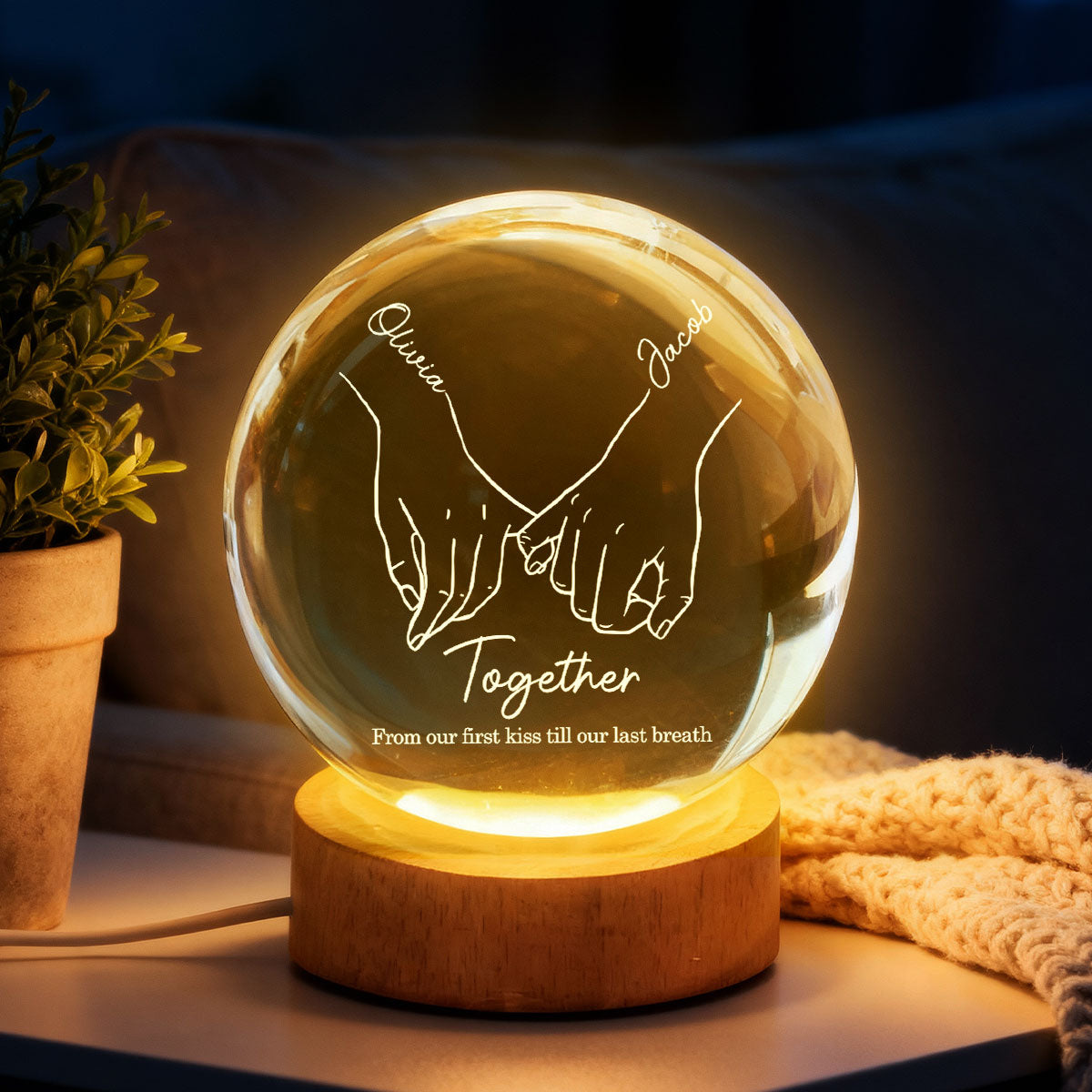 Couple Interlocked Hands - Personalized Crystal Ball LED Night Light - Sentimental Gift for Her, for Him, Couple Keepsake