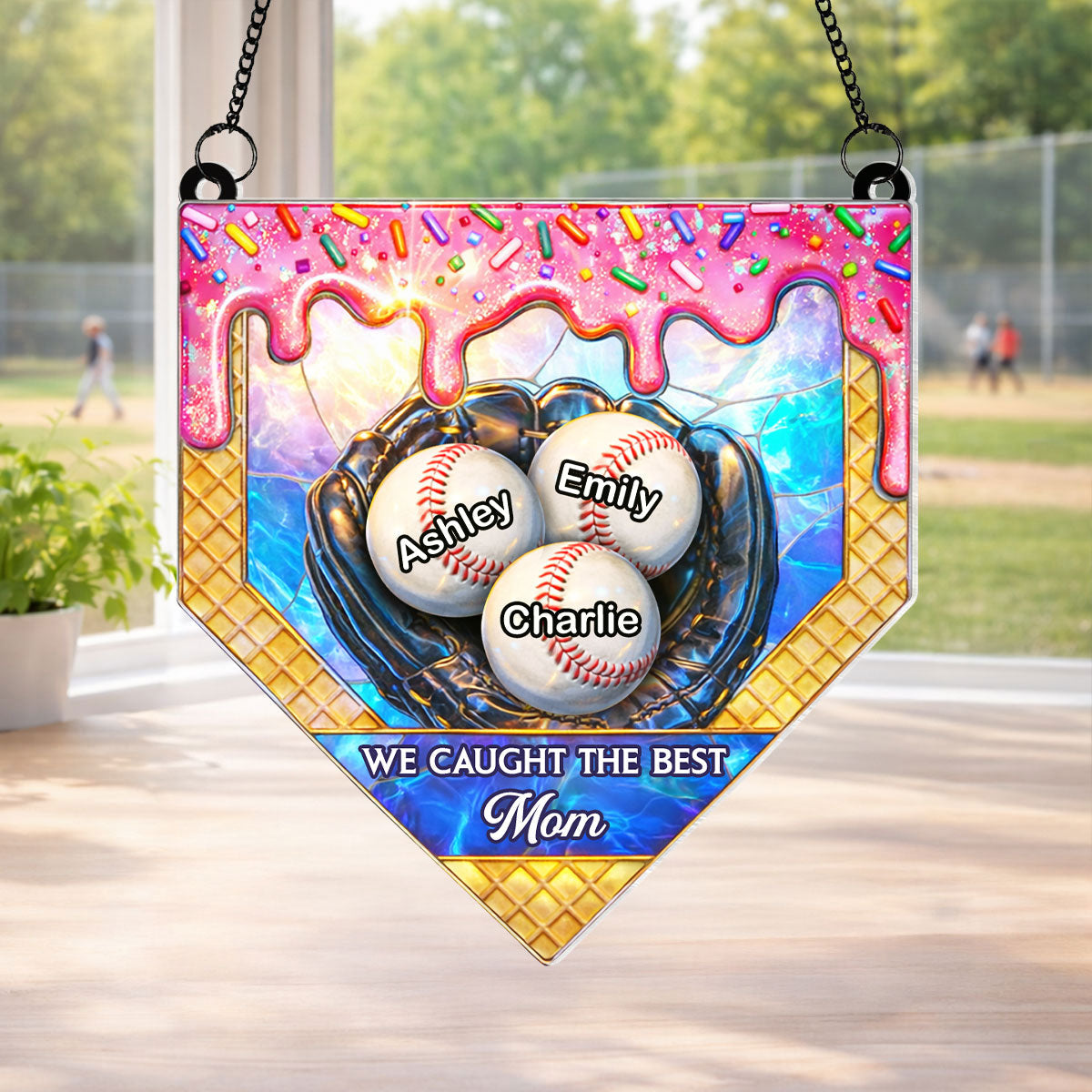 Icecream Drip Baseball We Caught the Best Mom - Personalized Suncatcher - Mother's Day Gift for Mom, Wife