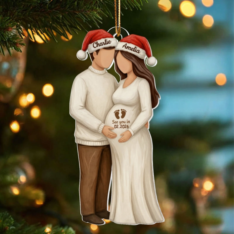 3D Effect Wooden Pregnancy Announcement - Personalized Acrylic Ornament - Heartwarming Christmas Gift For Couple, Family