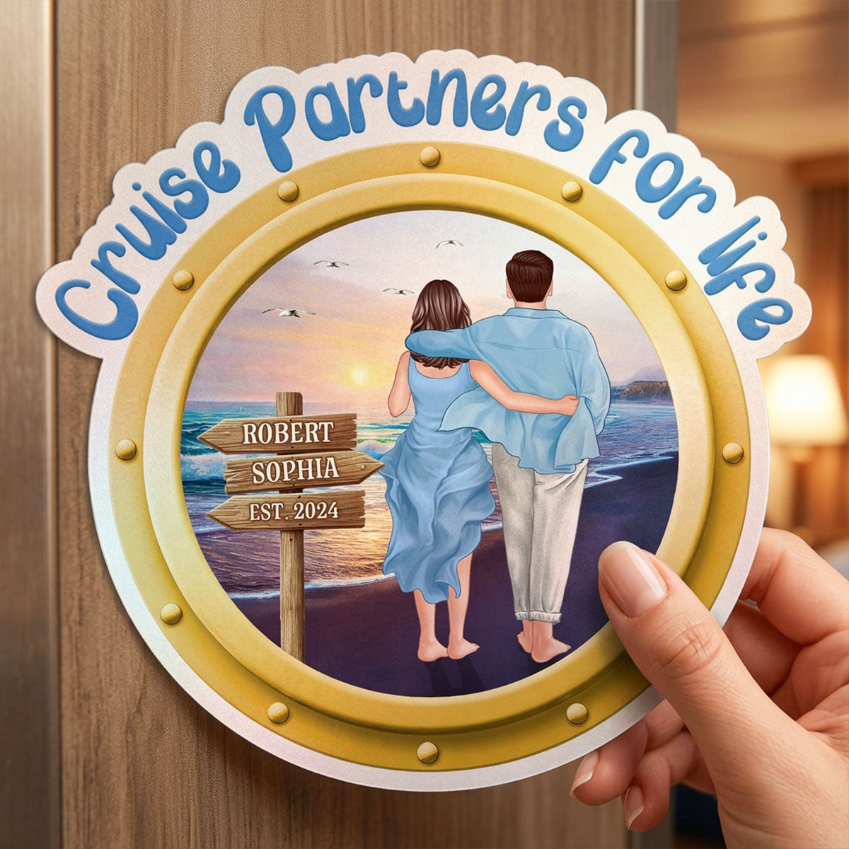 Cruise Partners For Life Porthole Couple Walking At Beach - Personalized Cruise Ship Door Magnet