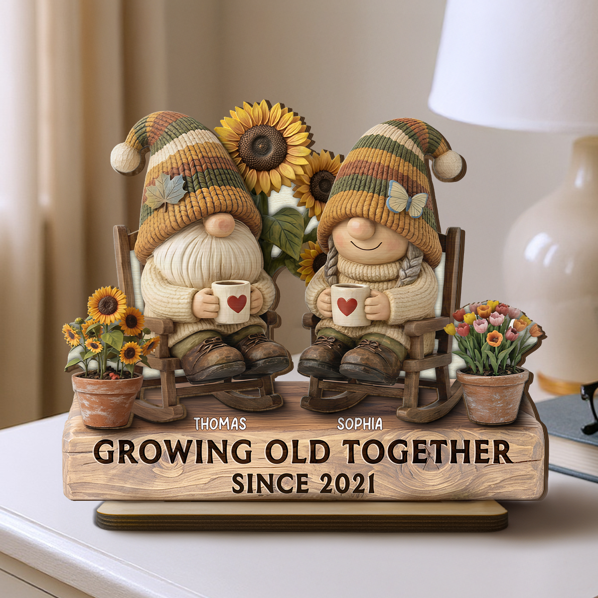 3D Effect Gnome Couple Grow Old Together - Personalized 2-Layered Wooden Plaque - Perfect Valentine's Day Gift For Him, Gift For Her