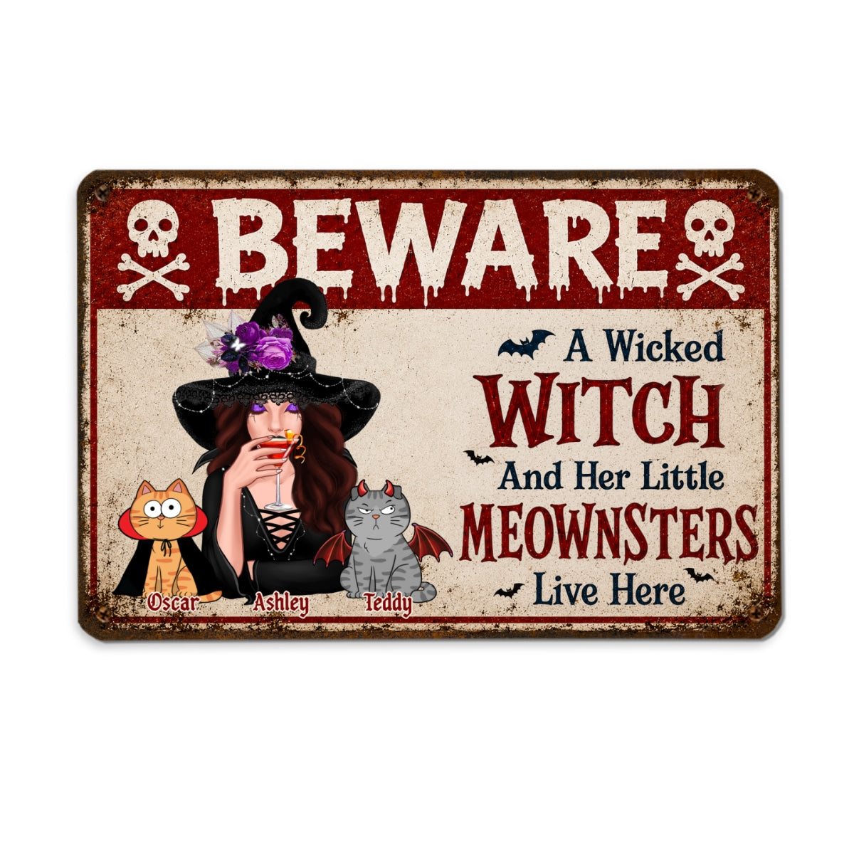 Beware A Wicked Witch And Her Little Meownsters - Personalized Metal Sign - Halloween Decor Gift, Gift For Cat Lovers