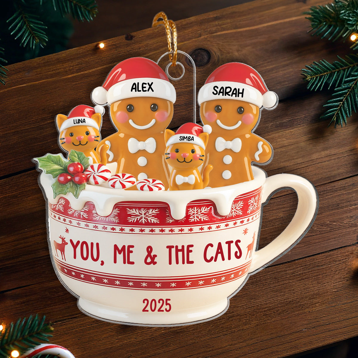 3D Effect Gingerbread Couple & Dog Cat In Hot Cocoa - Personalized Acrylic Ornament