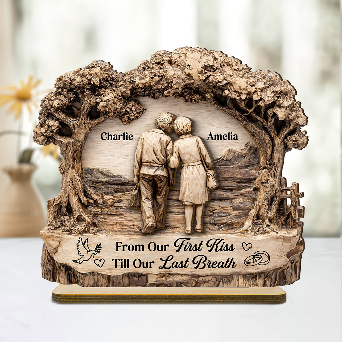 From Our First Kiss Till Our Last Breath - Personalized 2 Layer Standing Wooden Plaque - Gift for Couple