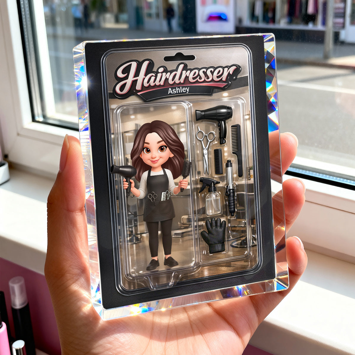 3D Effect Woman Hairdresser Action Figure - Personalized Acrylic Block Plaque - Gift For Hairdressers