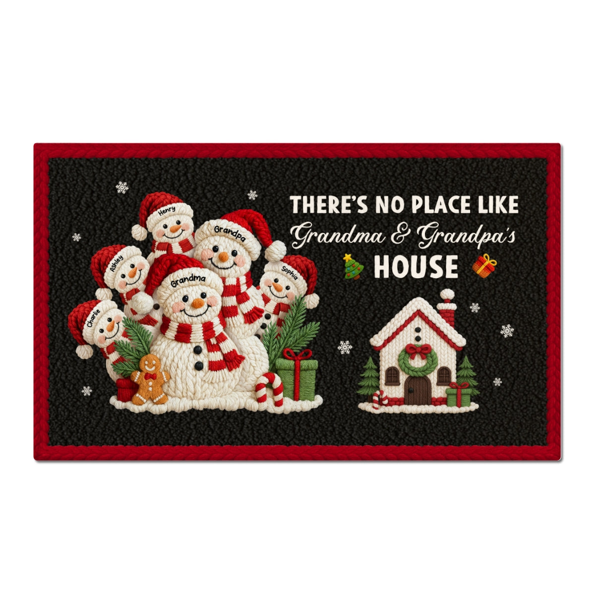 No Place Like Grandma Grandpa Snowman Latch Hook Yarn Faux - Personalized Doormat - Festive Christmas Decor for Grandparents