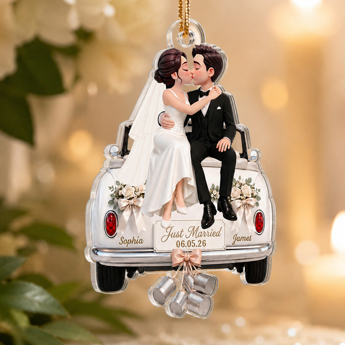 Groom Bride Sitting On Wedding Car 2D Flat - Personalized Acrylic Ornament - Wedding Keepsake