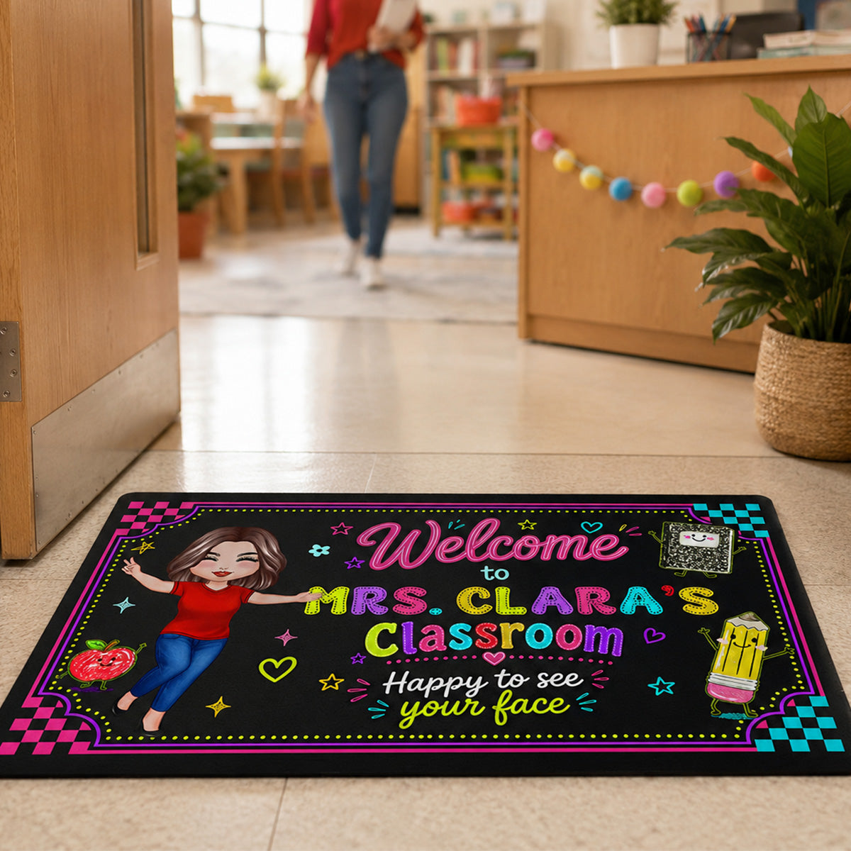 Happy To See Your Face Happy Teacher Preppy Neon Theme - Personalized Doormat - Classroom Students Welcome Decor