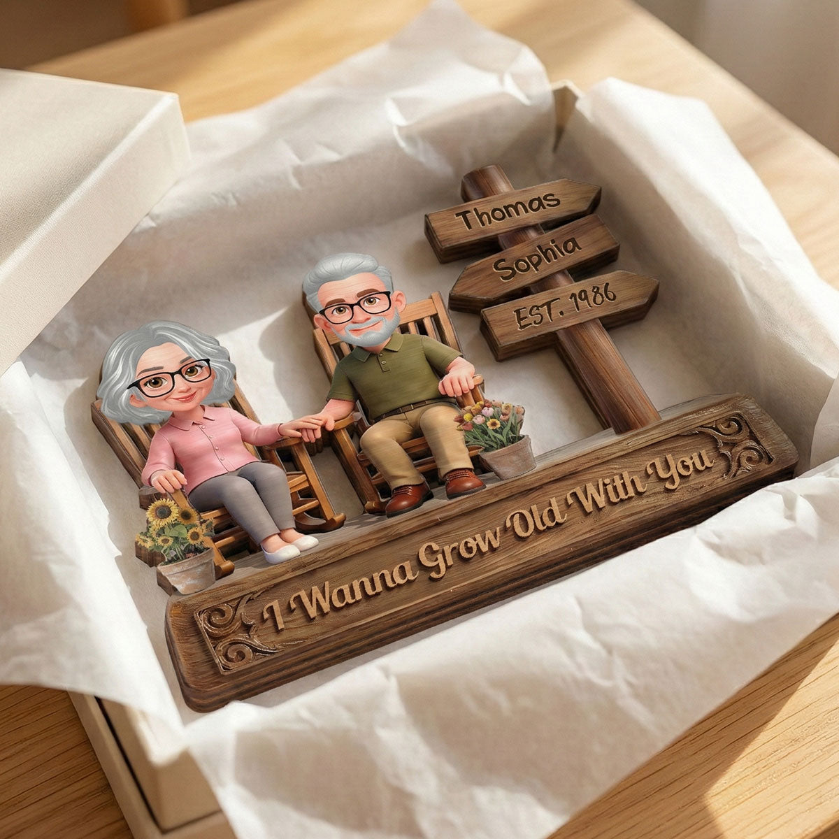 Old Couple Sitting On Rocking Chair By Sign Post 2D Flat - Personalized 2-Layered Wooden Plaque