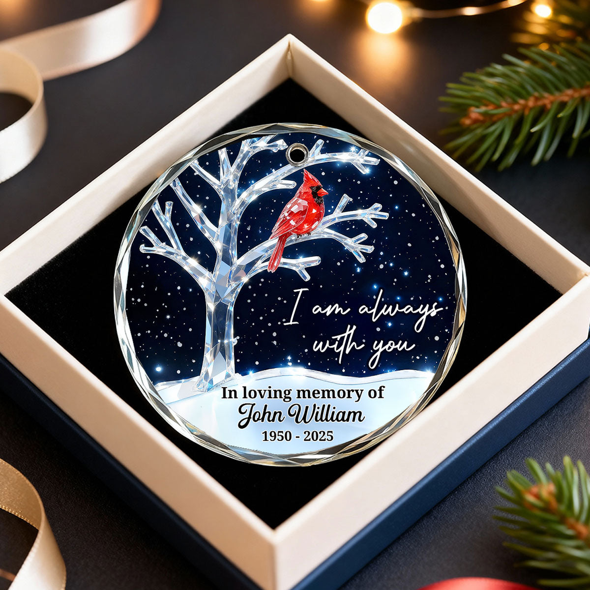 3D Crystal Effect Memorial Winter Tree Cardinals - Personalized Glass Ornament - Remembrance Gift, Sympathy Gift
