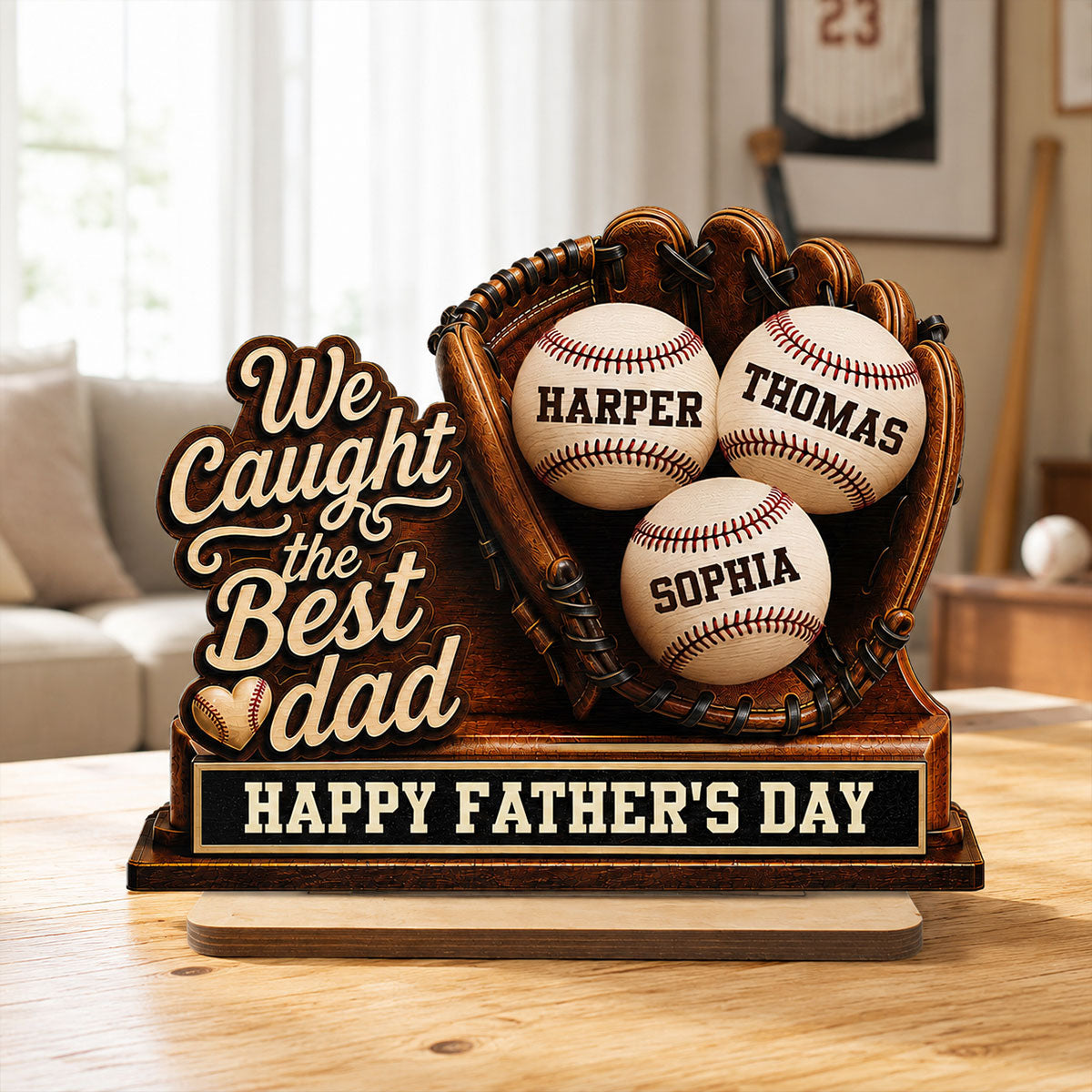 We Caught The Best Dad Baseball In Glove - Personalized 2-Layered Wooden Plaque - Happy  For Baseball Dad