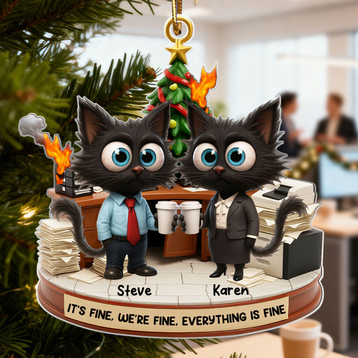 Office Chaos It's Fine We're Fine Funny Cat - Personalized Acrylic Ornament - Christmas Gift for Coworkers, White Elephant, Secret Santa Gift
