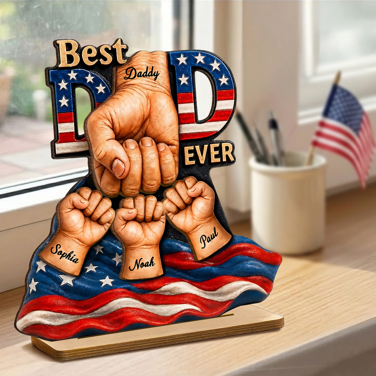 American Dad And Kids Fist Bump - Personalized 2-Layered Wooden Plaque -  Gift For Dad, Husband