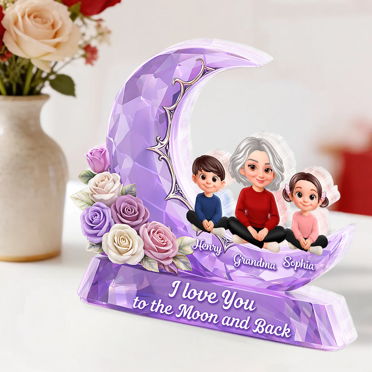 Love You To The Moon Grandma Grandkids Rose Moon - Personalized Acrylic Block Plaque - Heartfelt Gift For Mom, Grandma