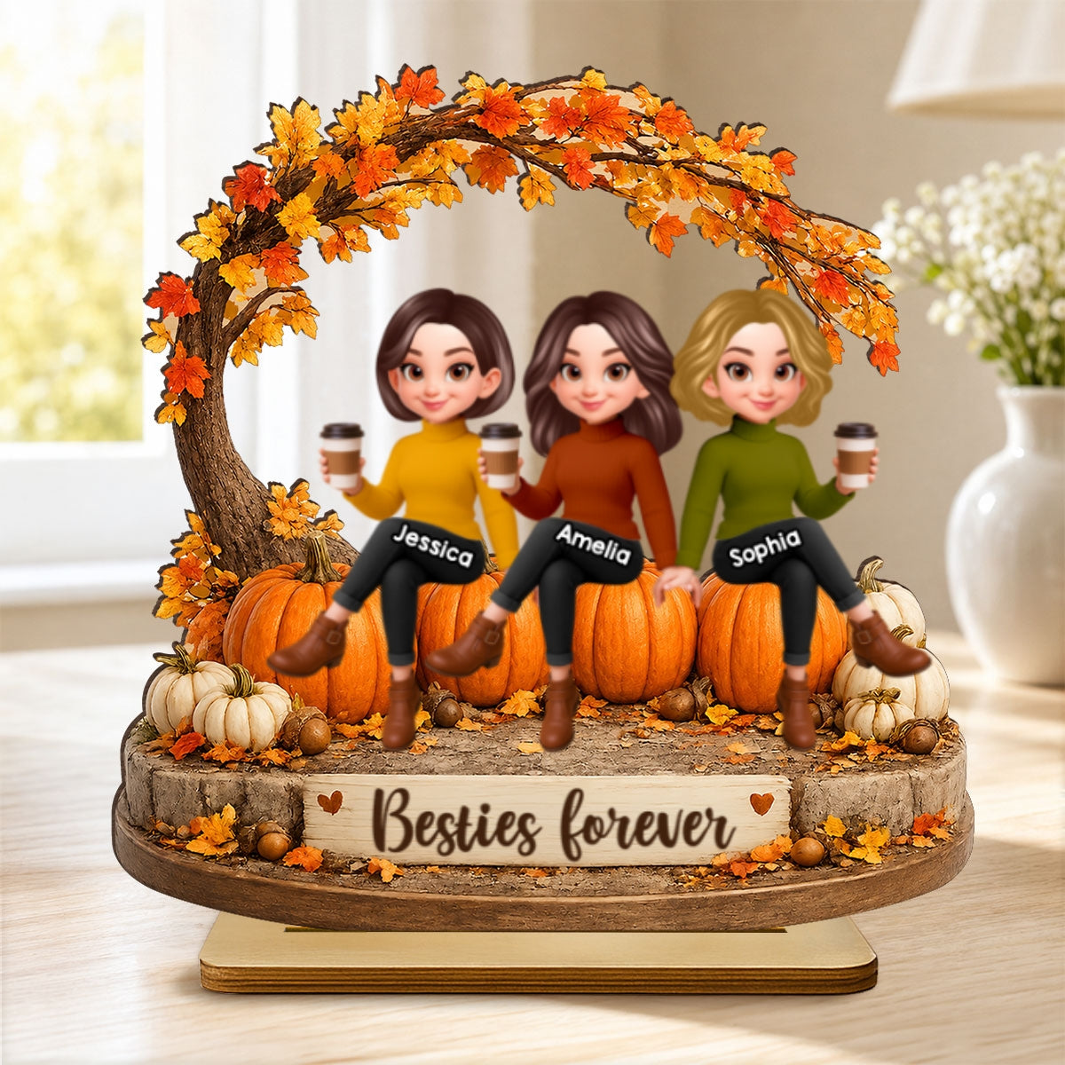 Cozy Autumn Besties Forever - Personalized 2-Layered Wooden Plaque - Fall Season Gift For Besties