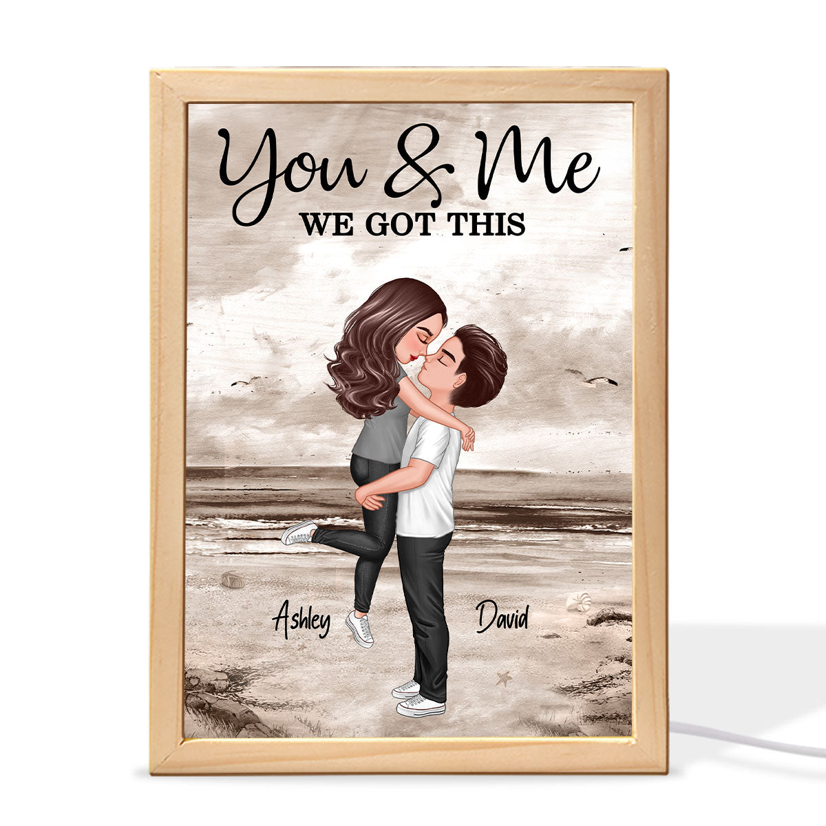 Retro Vintage Couple Hugging Kissing Beach Landscape Personalized Wooden Frame Light Box