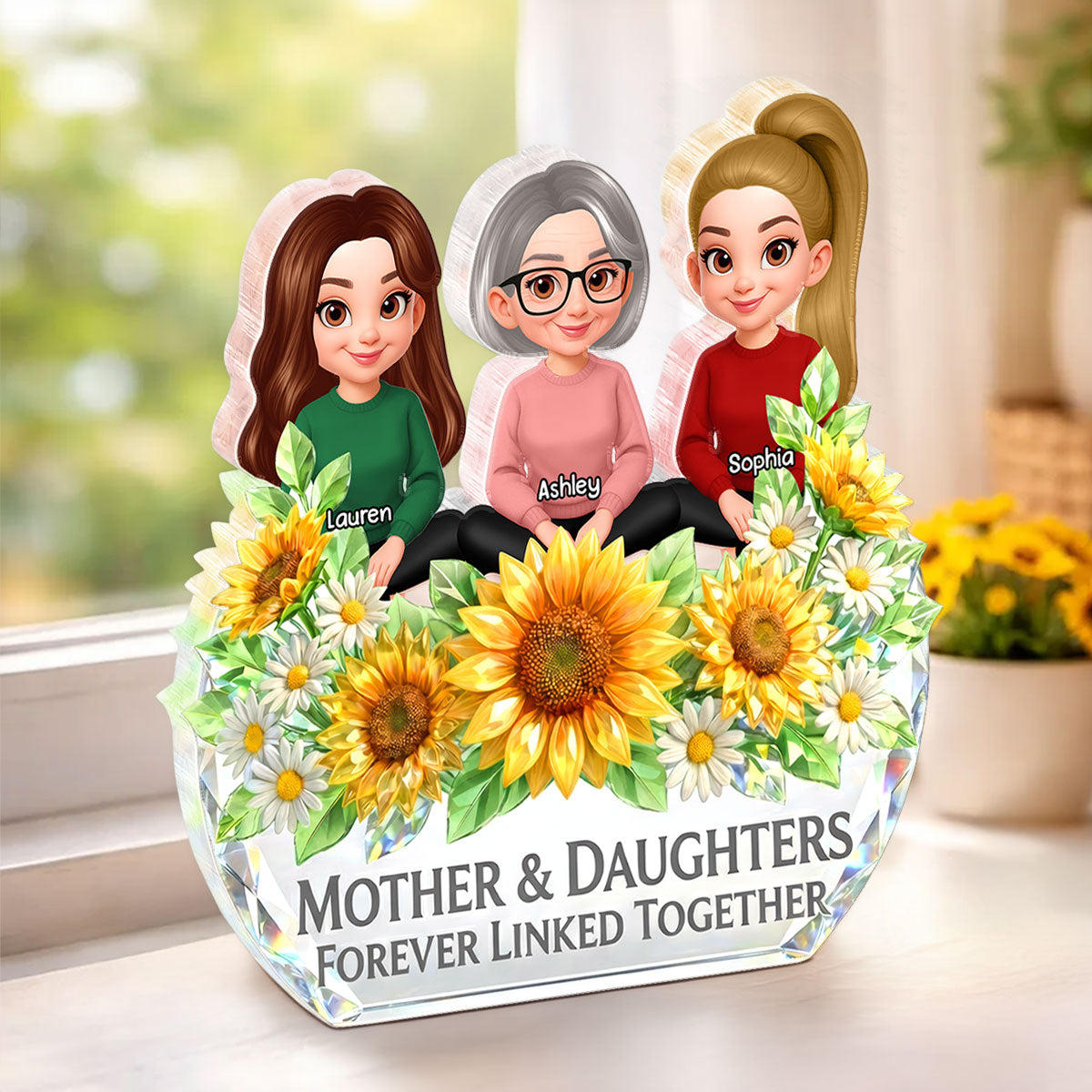 Mother Daughter Forever Linked Together Sunflower Pattern - Personalized Acrylic Block Plaque - Heartfelt Gift for Mom, Wife