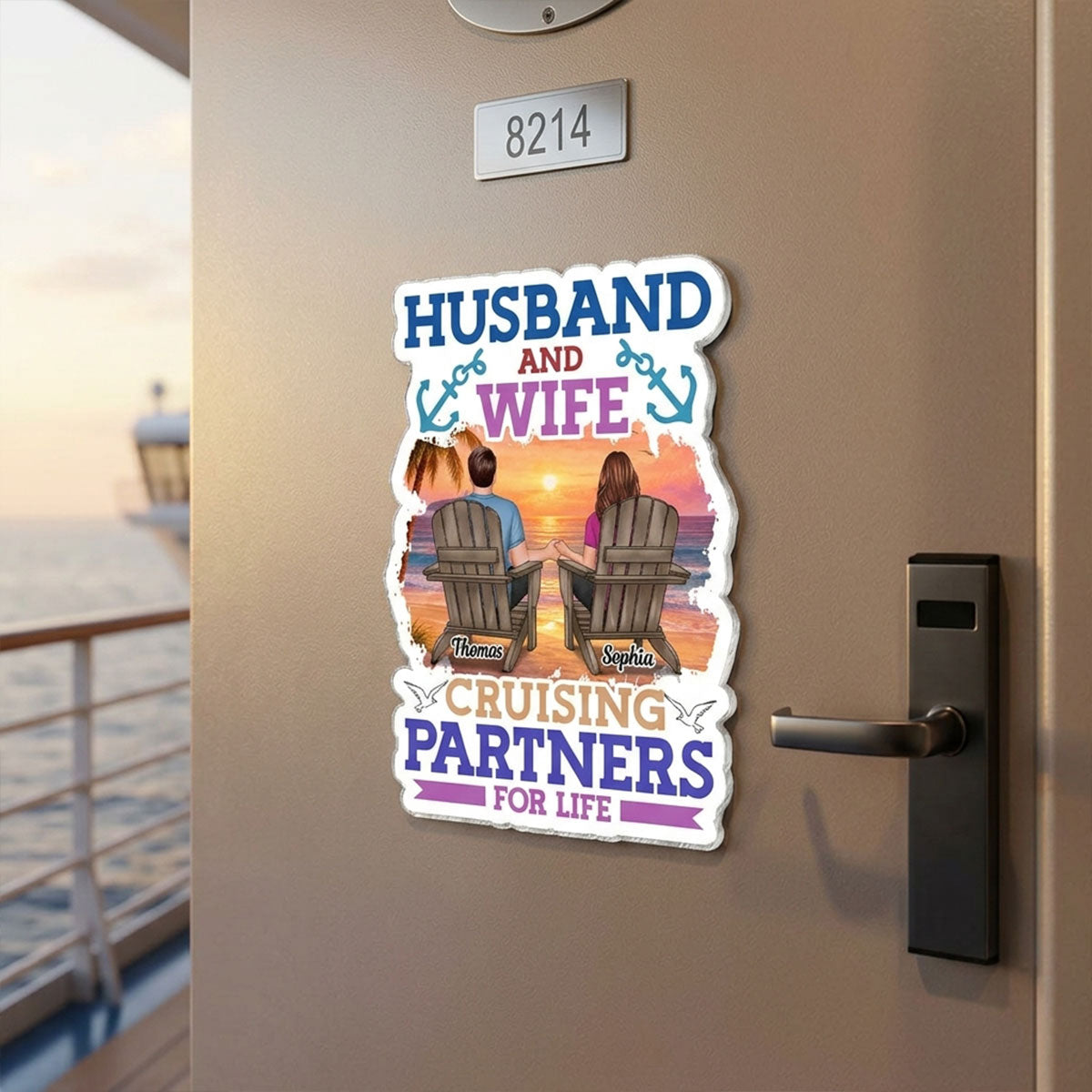 Husband & Wife Cruising Partners For Life Porthole Couple Back View - Personalized Cruise Ship Door Magnet