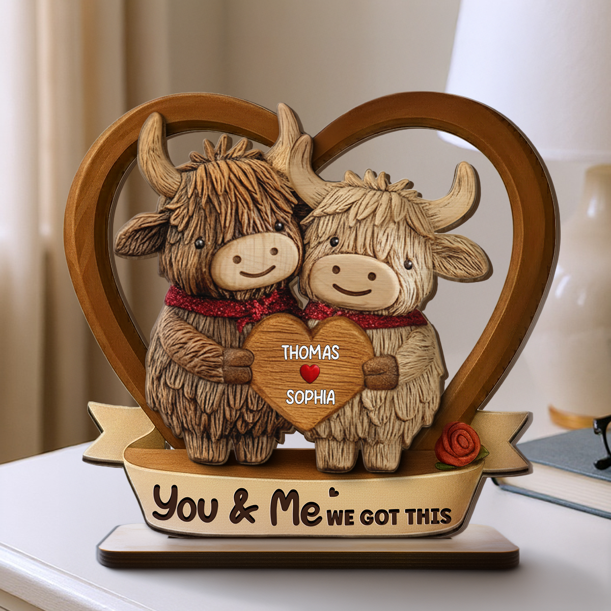 3D Effect Highland Cows Couple Heart - Personalized 2-Layered Wooden Plaque - Perfect Valentine's Day Gift For Him, Gift For Her