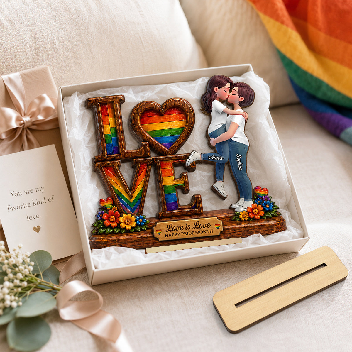 Pride Month Romantic Kissing Couple - Personalized 2-Layered Wooden Plaque - Gift For Couple, Happy Pride Month
