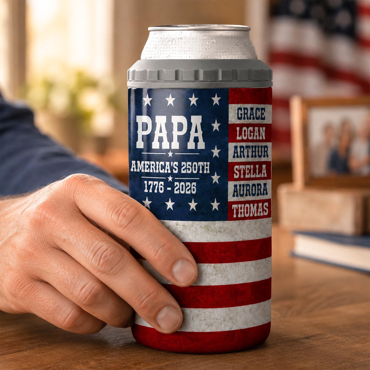 Proud American Dad Grandpa Custom Kids Name - Personalized 4-in-1 Can Cooler
