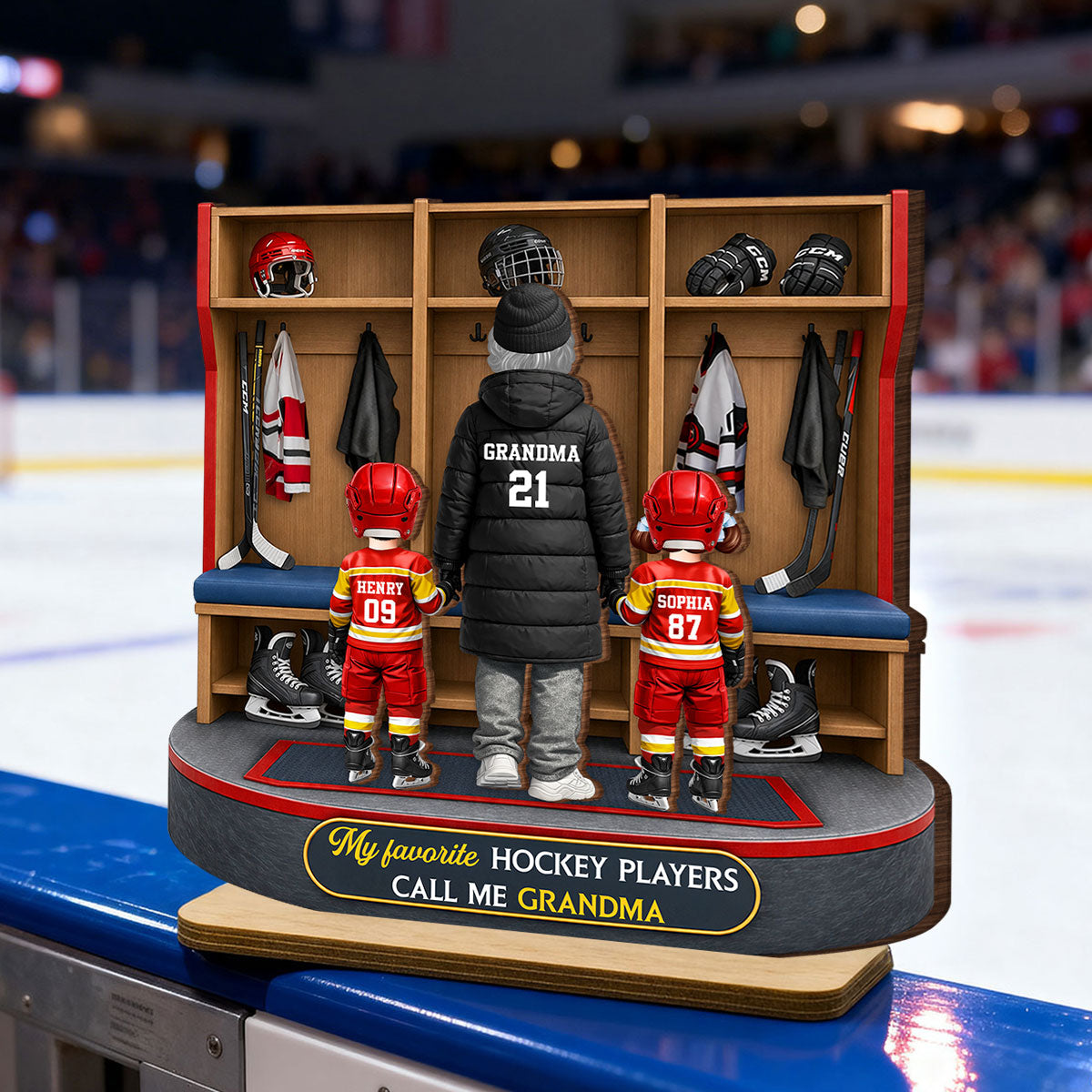 Hockey Grandma And Kids Locker Room - Personalized 2-Layered Wooden Plaque - Heartfelt Gift For Grandma