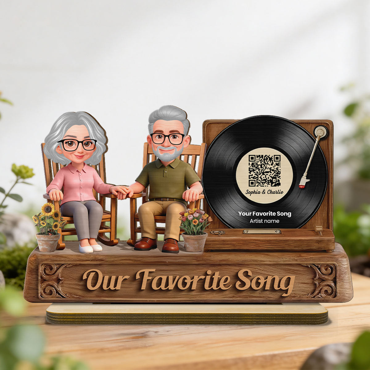 3D Effect Old Couple Sitting On Rocking Chair Favorite Song - Personalized 2-Layered Wooden Plaque