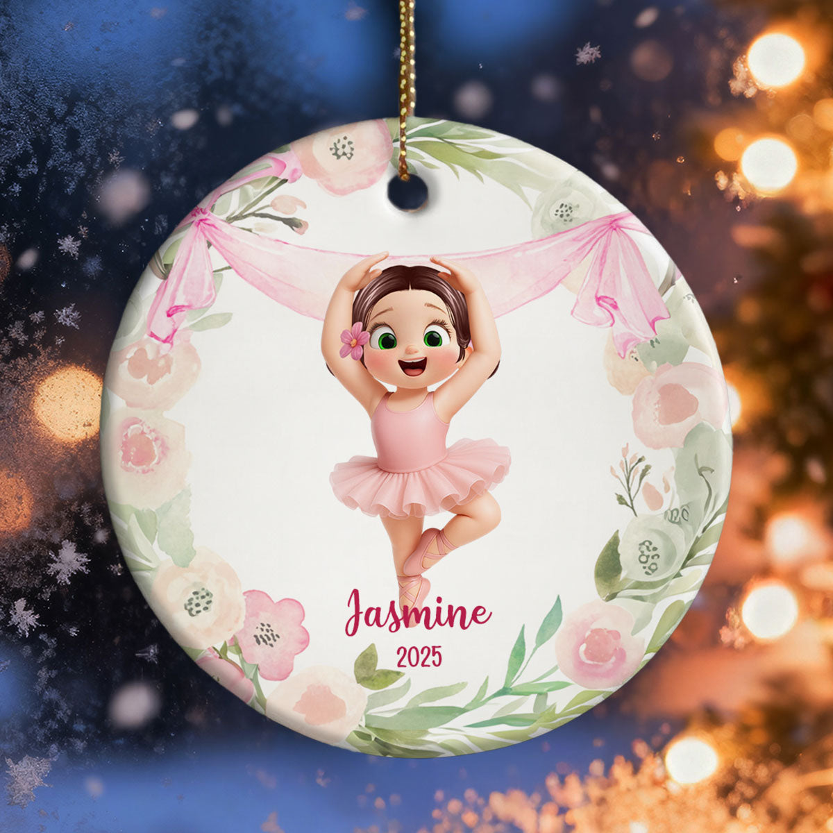 Floral Frame Ballerina Girl - Personalized Ceramic Ornament - Christmas Gift For Daughter, Granddaughter
