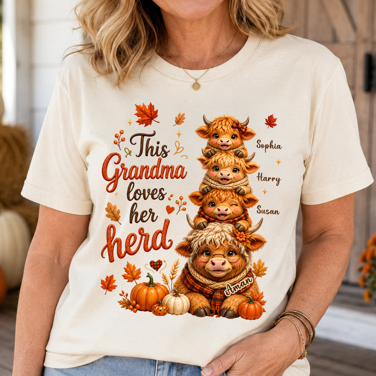 Grandma Grandkids Highland Cow Autumn - Personalized Shirt - Fall Season Gift, Gift For Grandma