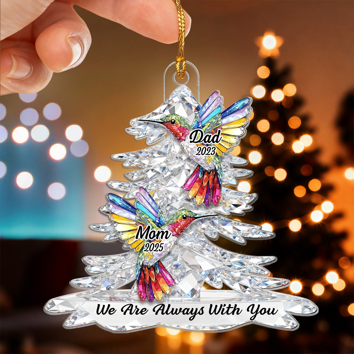 3D Effect Flat Christmas Tree Hummingbird Memorial - Personalized Acrylic Ornament - Remembrance Gift, Sympathy Gift