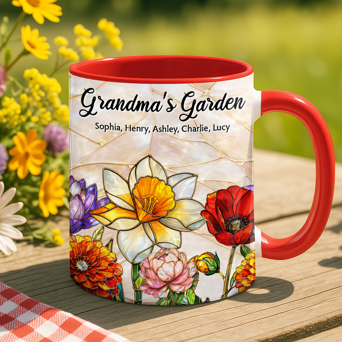 Grandma Mom's Garden Faux 3D Stained Glass Effect - Personalized Mug - Heartfelt Mother's Day Gift for Mom, Grandma, Wife