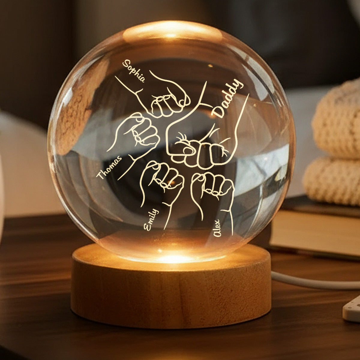 Dad Grandpa Fist Bump Custom Kids Names - Personalized Crystal Ball LED Night Light - Gift For Dad, Grandpa