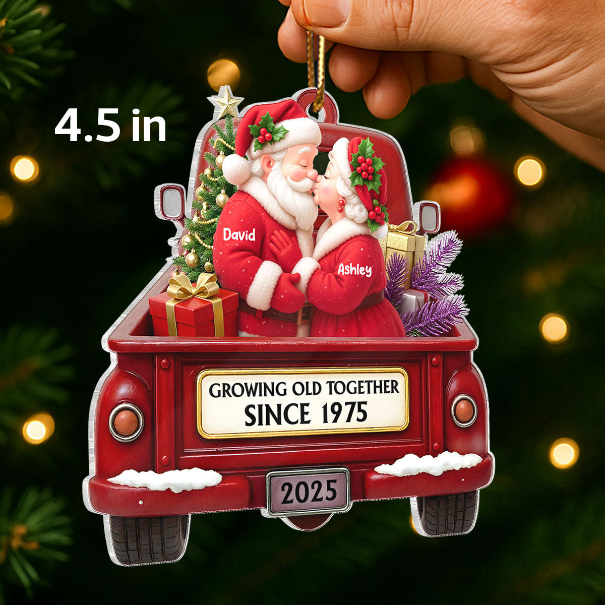 Growing Old Together Santa Couple Red Truck - Personalized Acrylic Ornament - Heartwarming Christmas Gift For Him, For Her, For Couple