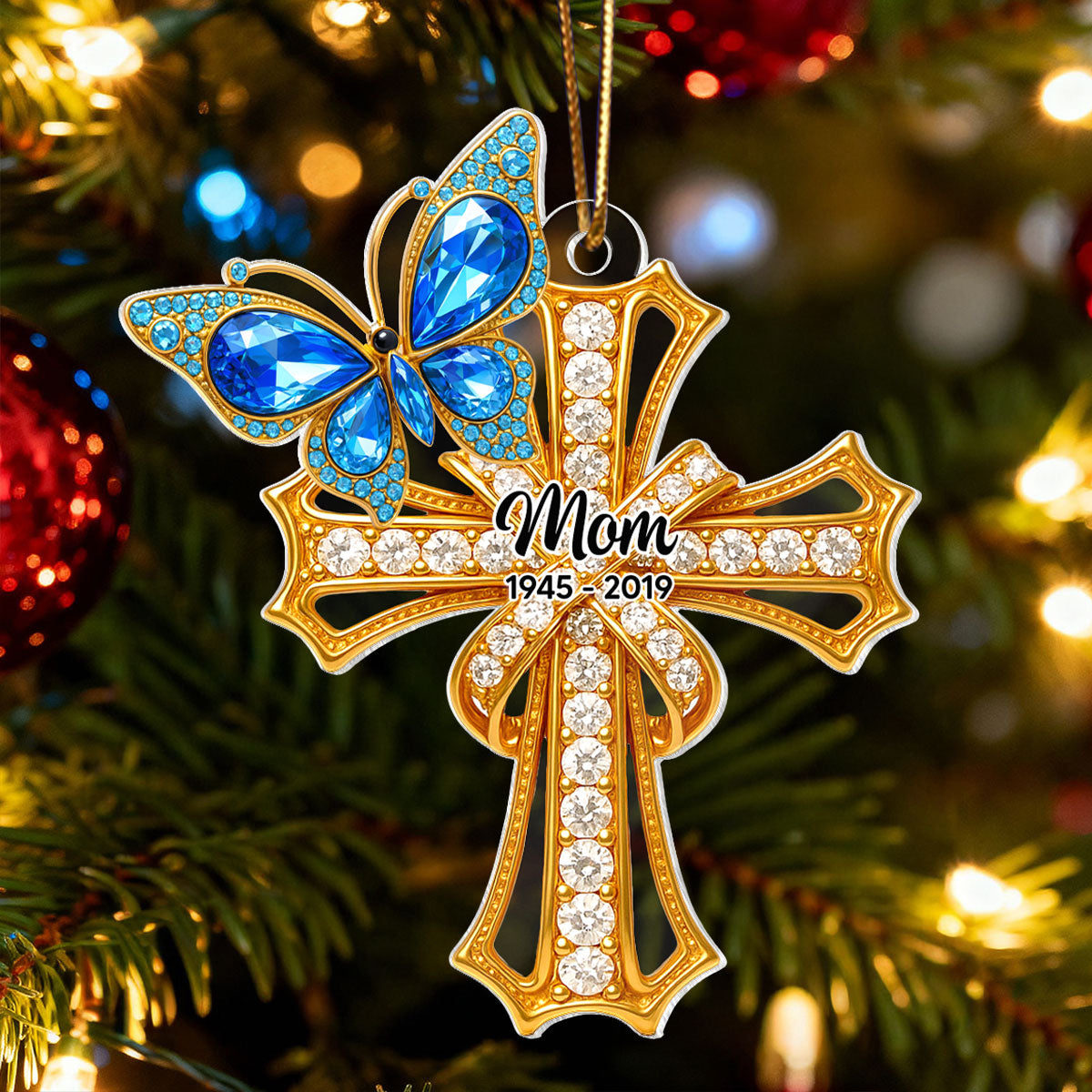 Memorial Blue Monarch Butterfly On Cross - Personalized Acrylic Ornament - Christmas Gift for Loss Of Loved Ones