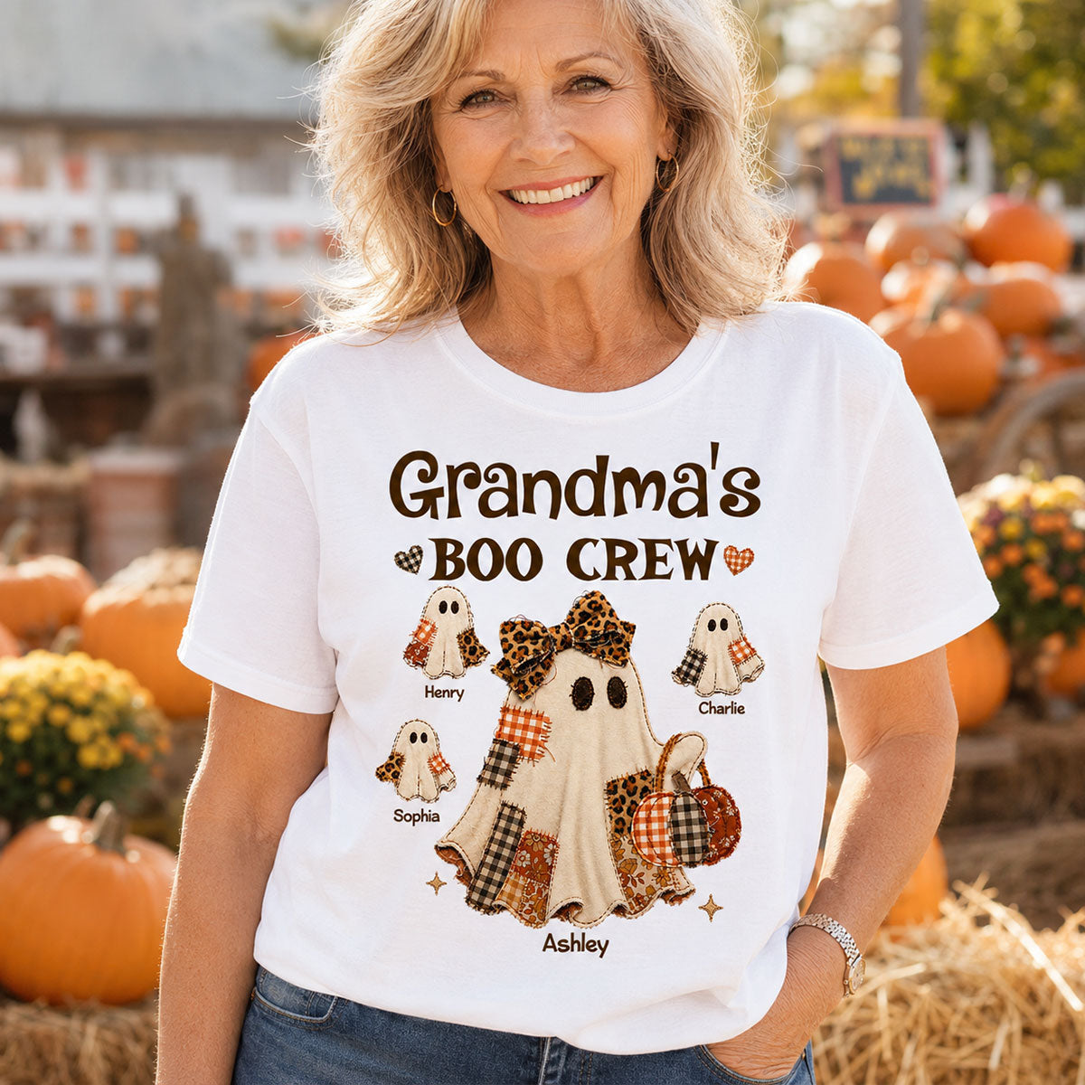 Grandma Fall Season Halloween Faux Patchwork Pattern Coquette - Personalized Shirt - Halloween Gift For Grandma