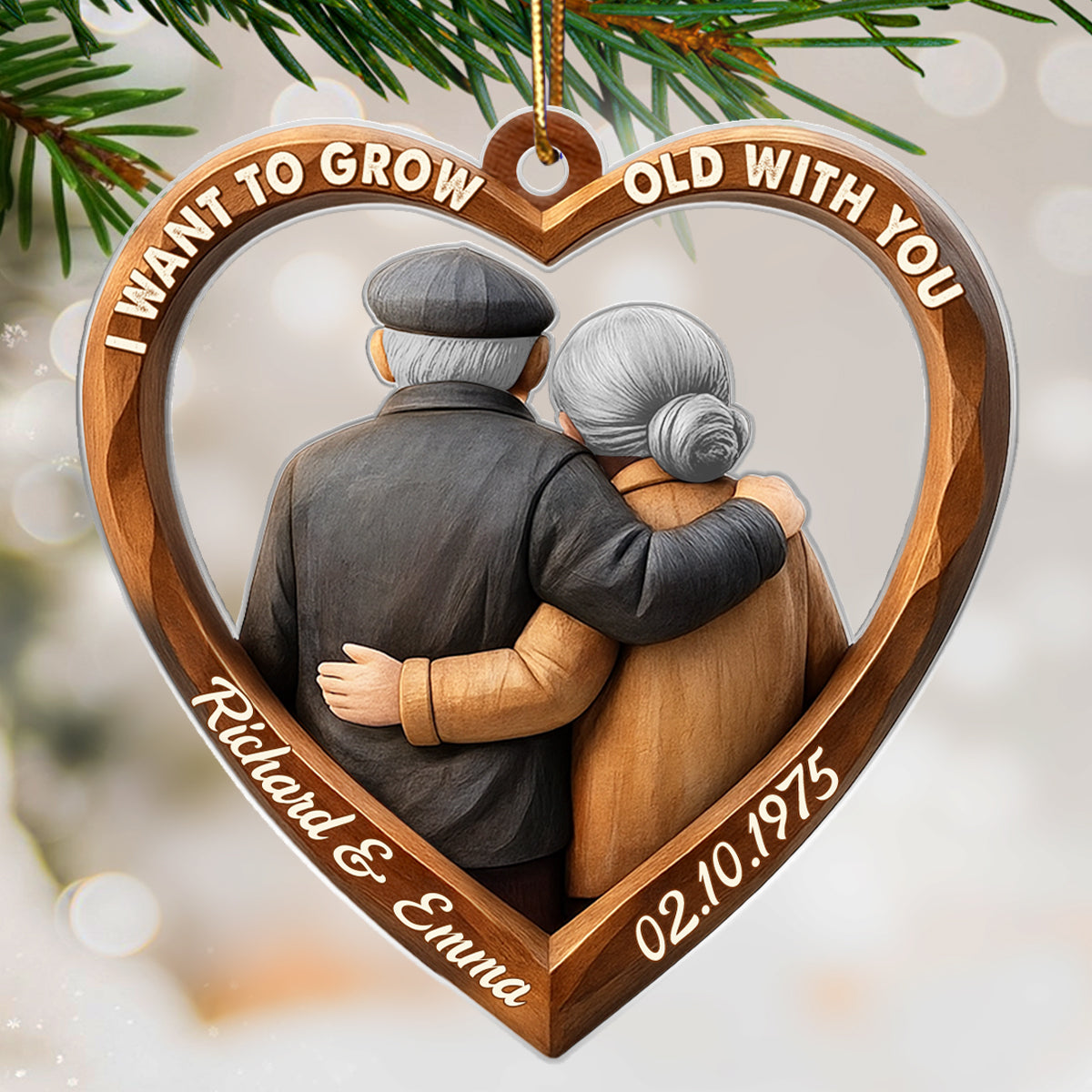 3D Effect Wooden Couple Growing Old Together - Personalized Acrylic Ornament - Christmas Gift for Couples