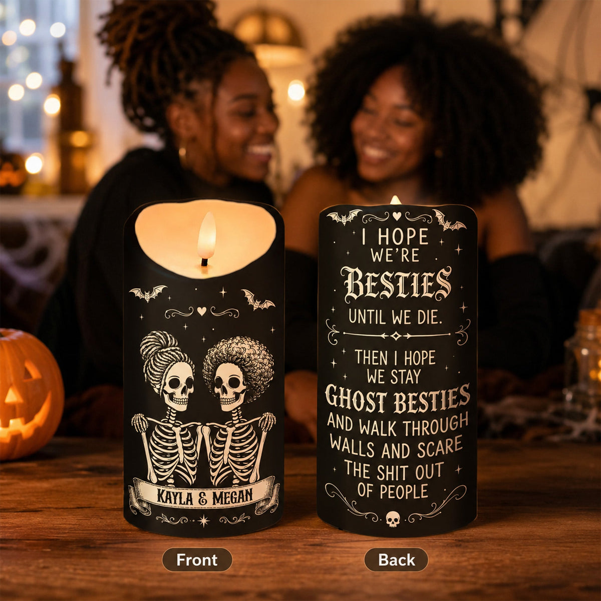 Skeleton Besties Until We Die - Personalized LED Candle - Funny Work Bestie Gift, Halloween Keepsake For Best Friends