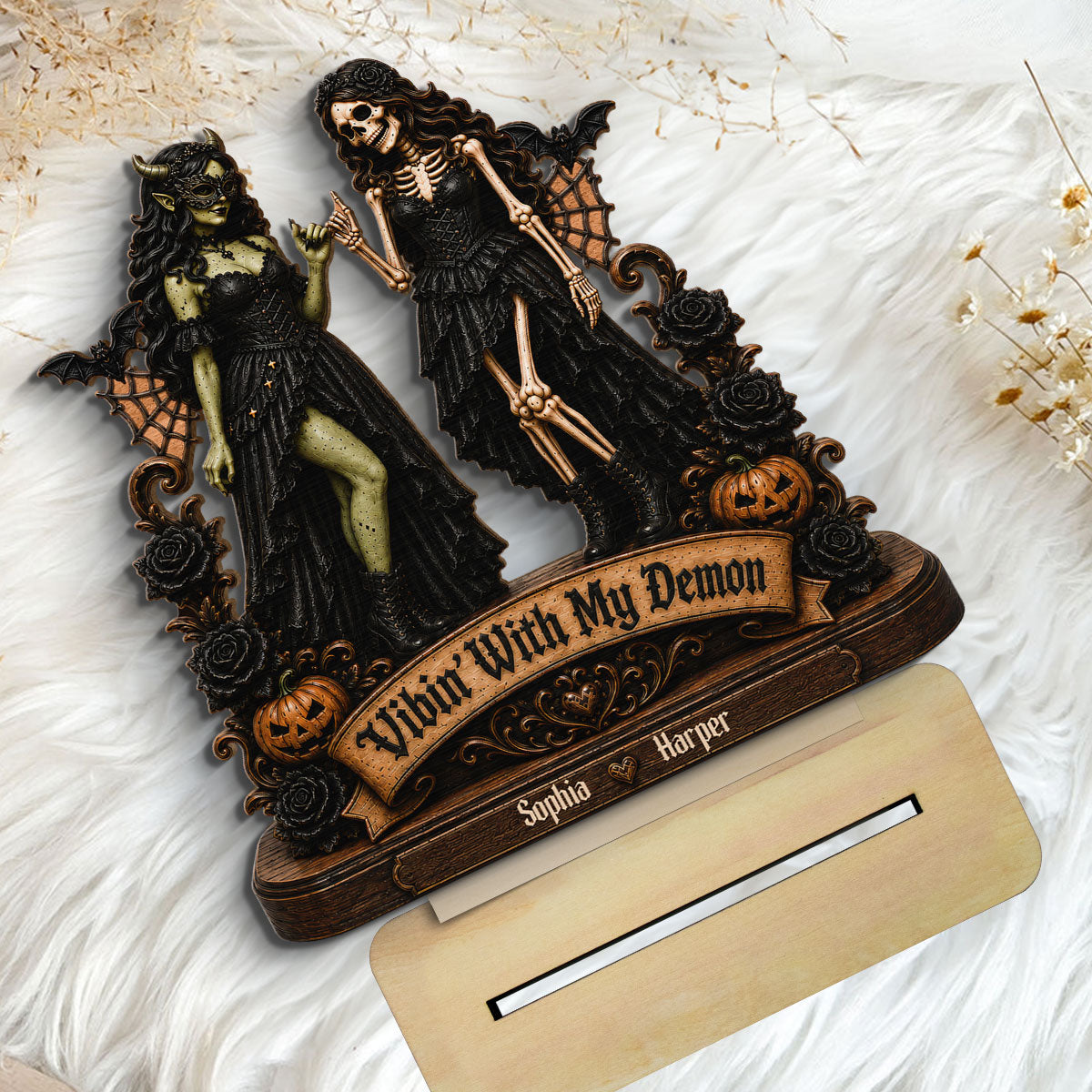 Vibin' With My Demon 2D Flat - Personalized Wooden Plaque - Halloween Decoration, Friendship Keepsake