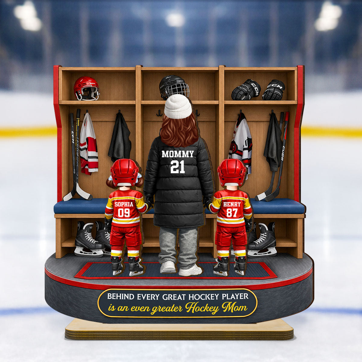 Hockey Mom And Kids Locker Room - Personalized 2-Layered Wooden Plaque - Mother's Day Gift For Hockey Mom, Gift For Wife