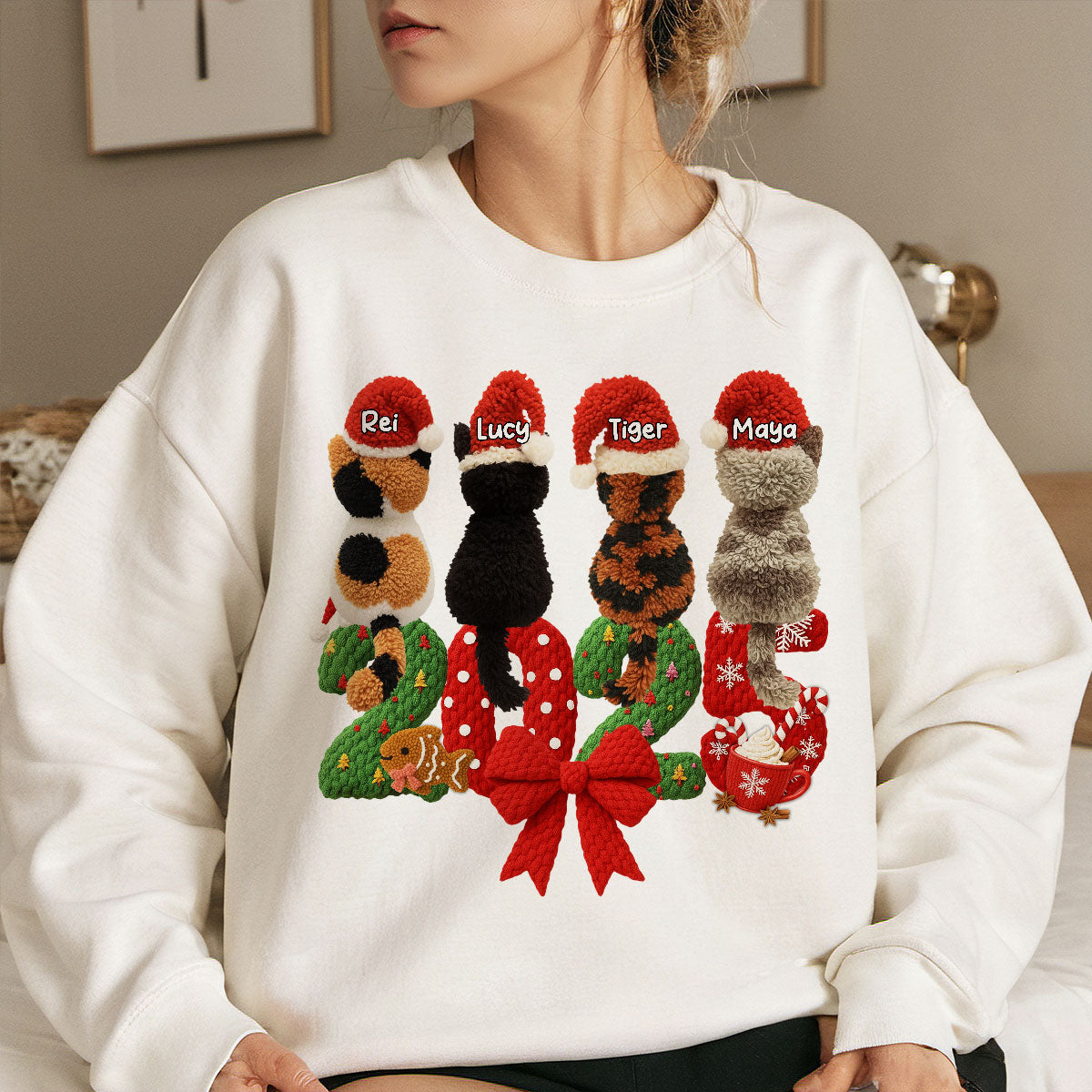 2025 Cat Lovers Latch Hook Yarn Faux - Personalized Sweatshirt - Christmas Gift for Cat Moms, Cat Dads