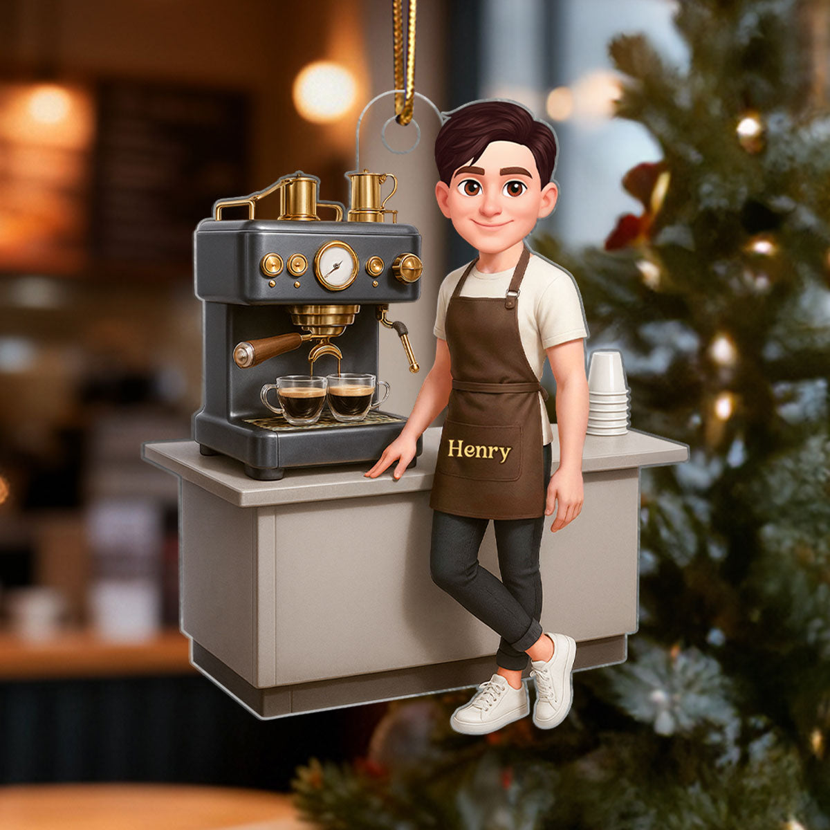 Espresso Machine Coffee Maker Diorama With Cups - Personalized Acrylic Ornament - Gift For Baristas And Coffee Lovers