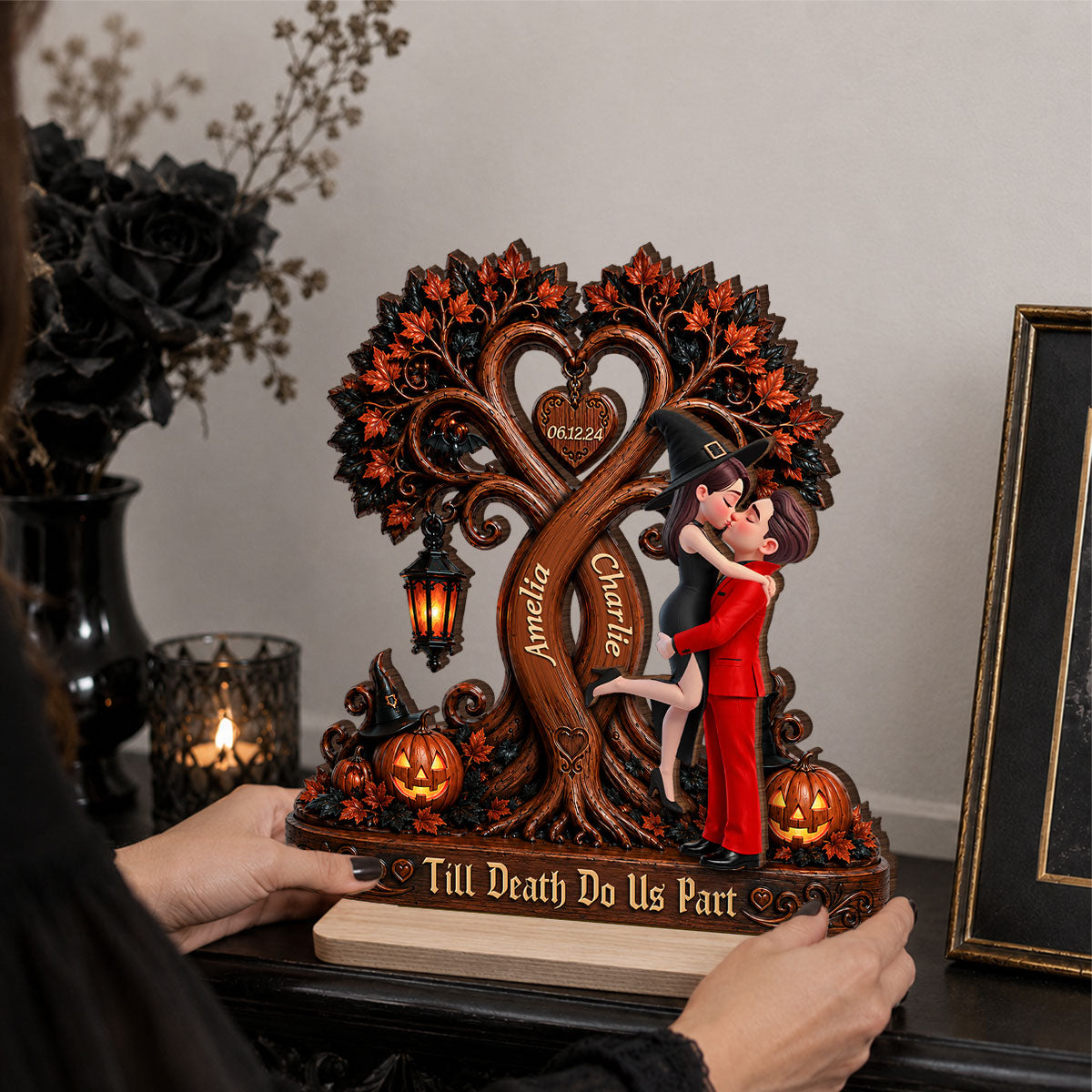 Couple Kissing Under Halloween Tree - Personalized 2-Layered Wooden Plaque - Halloween Decor for Her, for Him