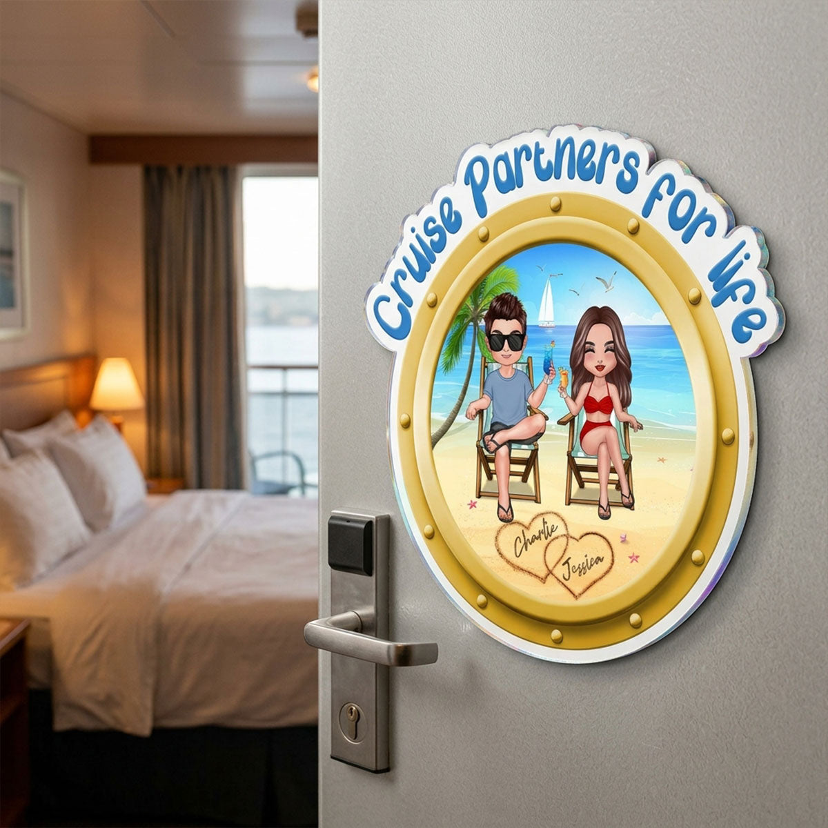 Cruise Partners For Life Porthole Doll Couple Sitting On The Beach - Personalized Cruise Ship Door Magnet