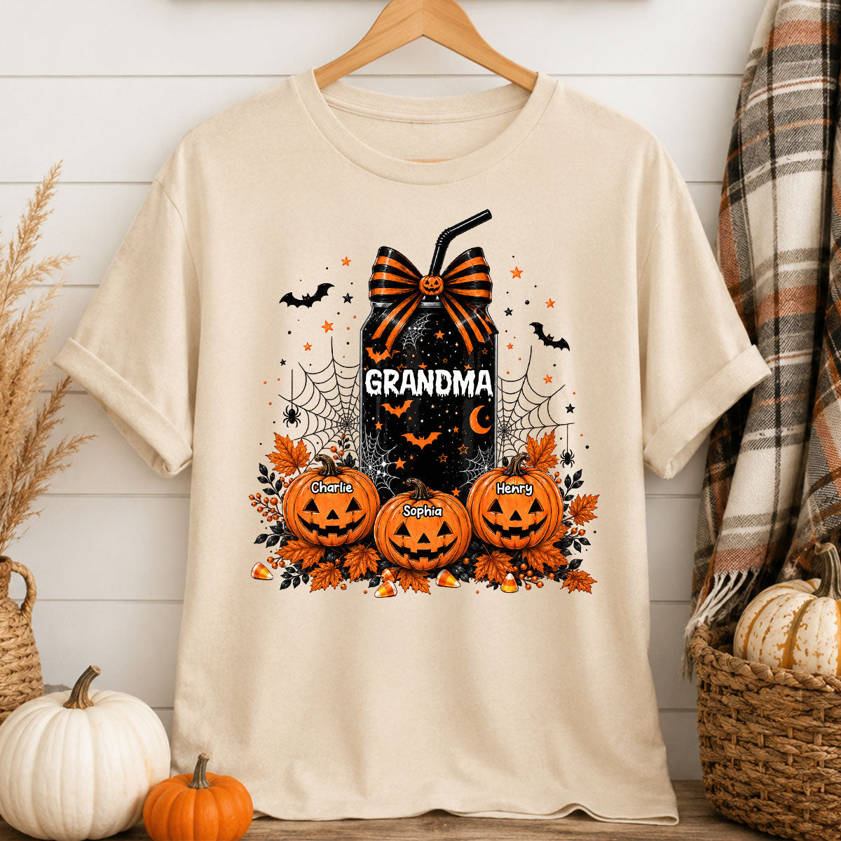 Trending Halloween Retro Soda Grandma Custom Kids Names - Personalized Shirt - Halloween Shirt For Grandma