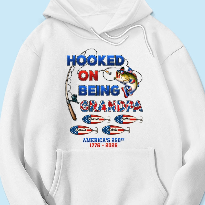 Fishing Grandpa Hooked On Freedom America 250th Anniversary - Personalized Shirt - Gift For Grandpa, 250 Years Of Freedom