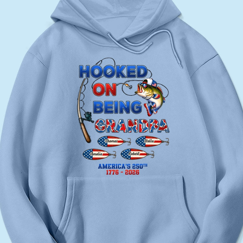 Fishing Grandpa Hooked On Freedom America 250th Anniversary - Personalized Shirt - Gift For Grandpa, 250 Years Of Freedom