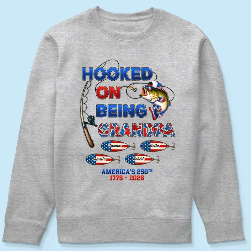 Fishing Grandpa Hooked On Freedom America 250th Anniversary - Personalized Shirt - Gift For Grandpa, 250 Years Of Freedom